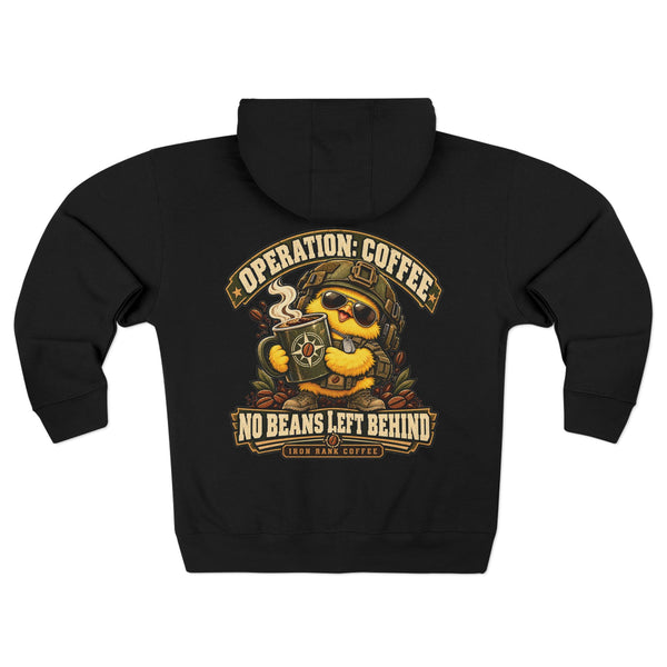 Coffee Hoodie — "Operation: Coffee — No Beans Left Behind" Zip-Up
